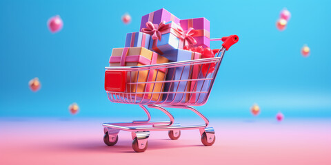 3d illustration of a shopping cart with colorful wrapped gifts against blue background