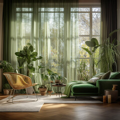 Pokój salon z sofą z zielonymi dekoracjami zasłonami  - obrazy, fototapety, plakaty