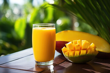 Fresh tropical fruit smoothie mango juice and fresh mango on a outdoor tropical background - obrazy, fototapety, plakaty