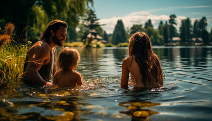 Family enjoying a carefree summer day outdoors, swimming and playing generated by AI
