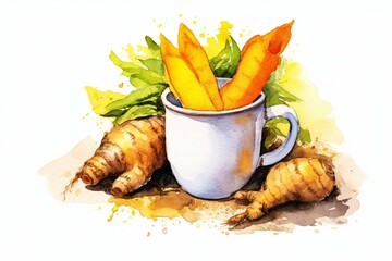 Watercolor painting of turmeric powder in a cup and curcuma roots. Generative AI
