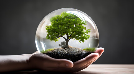 Human hand holding glass sphere with green tree inside. Earth Day. environment protection