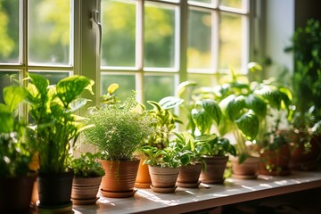 Indoor cultivation with potted plants on windowsill. Generative AI