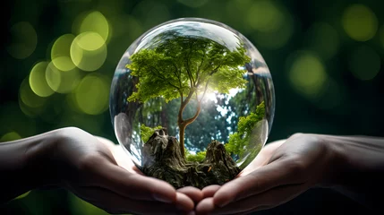 Fotobehang Human hands holding glass sphere with green tree inside. Earth Day. environment protection © FutureStock
