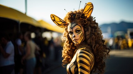 woman dressed up as a bumble bee carnival festival costume - obrazy, fototapety, plakaty