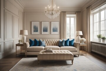 Beige and blue sofas against window in classic room. Interior design of modern living room