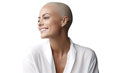 Cosmetic and cosmetology products for self-care. Short hair or a bald healthy woman has a beautiful well-groomed facial skin. Smiling shows the emotion of happiness.