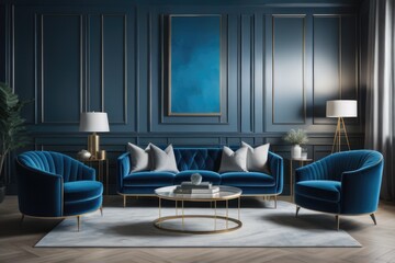 Blue sofa and armchair against black paneling wall. Art deco home interior design of modern living room