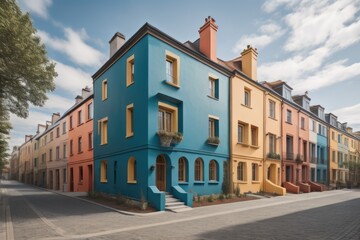 Colorful stucco finish traditional private townhouses. Residential architecture exterior 