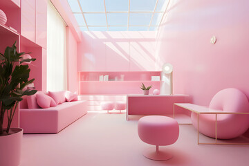 Fototapeta na wymiar Stylish pink office with a transparent roof, illuminated by bright sunlight