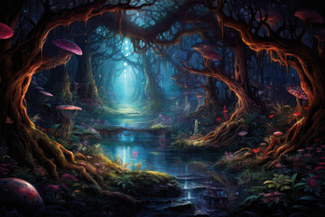 Enchanted forest with colorful flowers and mushrooms. Fantsy illustration. - obrazy, fototapety, plakaty