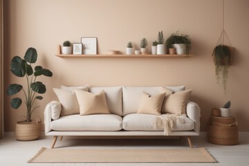 Cozy sofa with white and beige cushions and wooden pots with houseplants against beige wall with shelves. Scandinavian home interior design of modern living