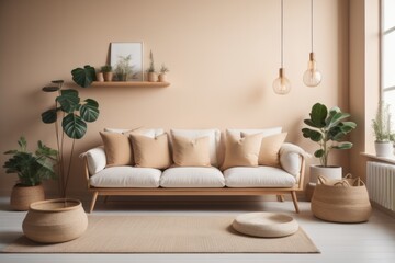 Cozy sofa with white and beige cushions and wooden pots with houseplants against beige wall with shelves. Scandinavian home interior design of modern living