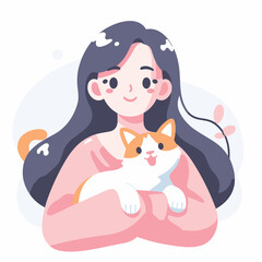 a woman admire cute cat flat simple vector illustrations on white background