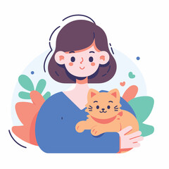 a woman admire cute cat flat simple vector illustrations on white background
