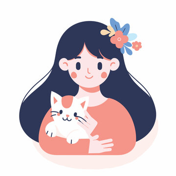 a woman admire cute cat flat simple vector illustrations on white background