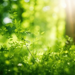 Obraz premium Blurred background of a green grassy field in the forest