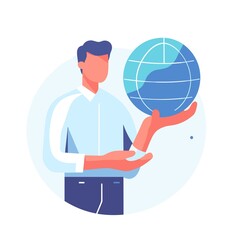 a man have a globe on his hand flat simple vector illustrations on white background