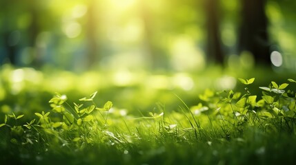 Blurred background of a green grassy field in the forest