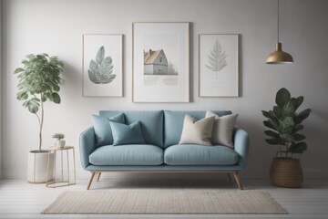 Fototapeta na wymiar Cute loveseat sofa next to potted houseplant Against wall with frame poster. Scandinavian home interior design of modern living room in farmhouse