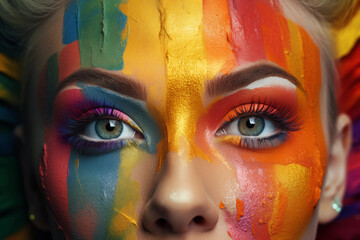 Woman face is painted in lgbt flag colours, lgbt flag. Close-up portrait of a beautiful woman with multicolored makeup.