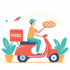 a pizza delivery man on the bike vector illustrations on white background