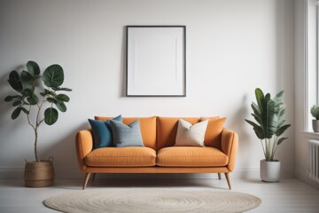 Cute loveseat sofa next to potted houseplant Against wall with frame poster. Scandinavian home interior design of modern living room in farmhouse