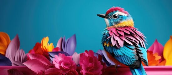 The beautiful bird with its colorful feathers stood against a bright pink background showcasing a stunning pattern and adding a touch of light to the flat and decorative beauty of the space