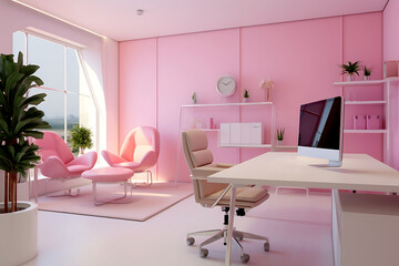 Spacious Stylish pink office of the boss, illuminated by daylight.