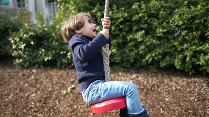 Child having fun at playground park holding into rope and sliding down during autumn fall season. Happy kid enjoying childhood moments
