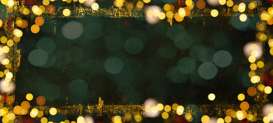 Frame of lights bokeh golden flares, isolated on dark blue concrete night texture illustration - Holiday New Year's Eve Silvester New Year Party Christmas background banner panorama greeting card - obrazy, fototapety, plakaty
