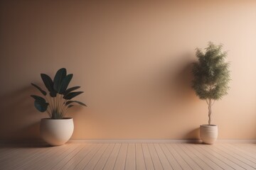  Empty room interior background, beige wall, pot with plant, wooden flooring