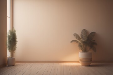 Fototapeta na wymiar Empty room interior background, beige wall, pot with plant, wooden flooring