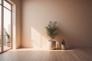  Empty room interior background, beige wall, pot with plant, wooden flooring