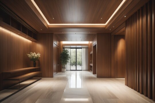 Elegant interior design of modern spacious entrance hall with door and wooden paneling walls