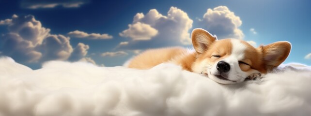 Sweet cute Corgi puppy sleeping in the clouds with copy space