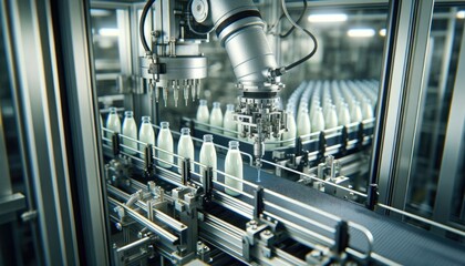 High-tech production line with a conveyor belt and robotic arms hermetically sealing milk bottles