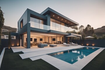 Fototapeta premium Exterior of modern minimalist cubic villa with swimming pool at sunset
