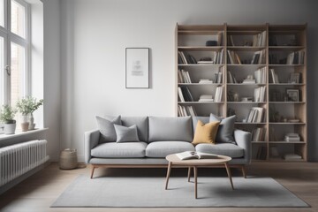 Grey sofa against window and book shelving unit. Scandinavian home interior design of modern living room