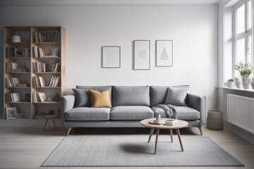 Grey sofa against window and book shelving unit. Scandinavian home interior design of modern living room