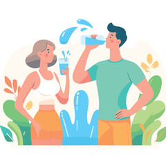 a man and woman drinking water stay hydrated flat simple vector illustrations on white background