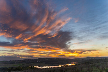 Albania Belsh lake , beautifully dramatic  sky and lake in afternoon  