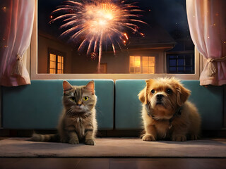 Pets during holidays. Cat and dog scared of loud firework noises - obrazy, fototapety, plakaty