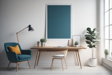 Home workplace, wooden chair and desk near white wall with blank mockup poster frame. Interior design of modern living room