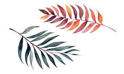 set of beautiful leaves isolated on a transparent background in watercolor style, elements of design