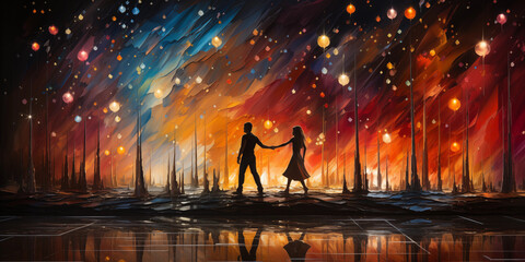 Obraz premium Kunstvolle Zeichnung tanzender Figuren im bunten Neonlichter im Querformat für Banner, ai generativ