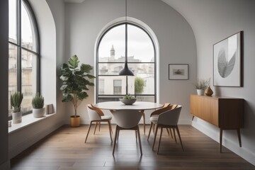 Interior design of modern small dining room with arched window
