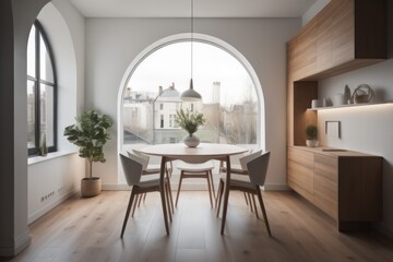 Fototapeta premium Interior design of modern small dining room with arched window 