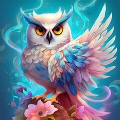 Cute and adorable fantasy owl, Bird-of-Paradise, sparrow, full body, shiny metallic jeweled depth, glowing smoke neon eyes, hoarfrost metal lace, fantasy, sunlight, sunbeam, intricate detail. 8k, drea