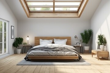 3D render of a frame mockup in a bedroom with a loft. Generative AI